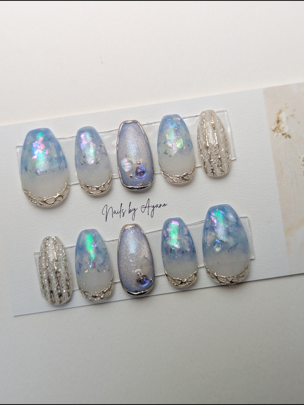 Blue Aurora Hand painted Press-On Nails | Chrome Accent - Picture 2 of 3